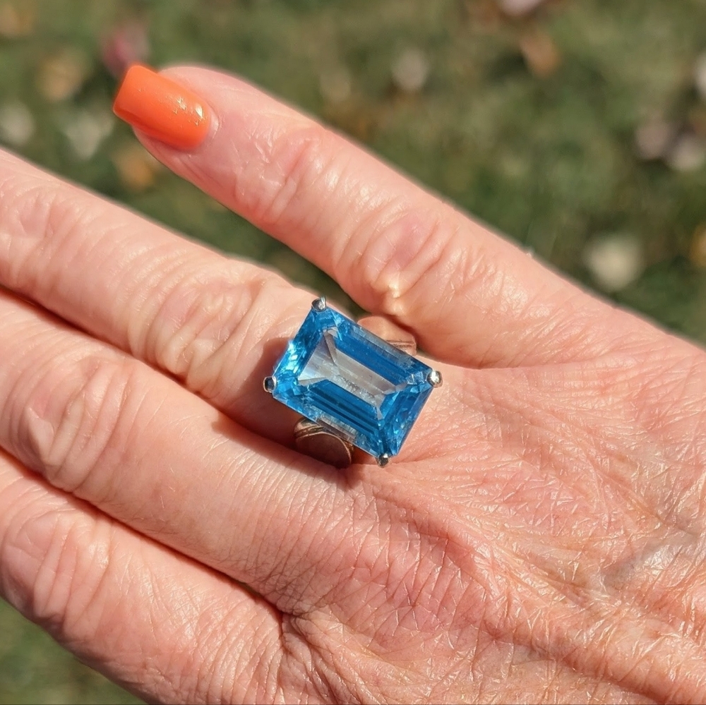 Large Swedish Blue Topaz Ring 925 Sertling Silver Vintage Statement Gemstone